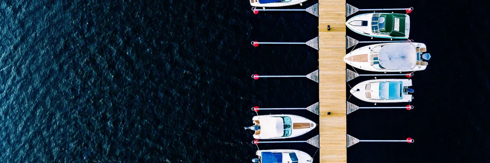 Aerial view of a dock filled with various boats moored along the water's edge