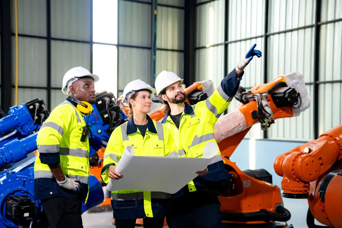 Three people in safety vests stand in front of a robot, discussing its features and functionality in a work environment
